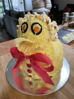 A cake shaped like a duck, with chip bill and candy eyes.